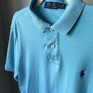 Neon Baby Blue Polo Ralph Lauren Short Sleeve Easter Shirt Navy Pony Size M